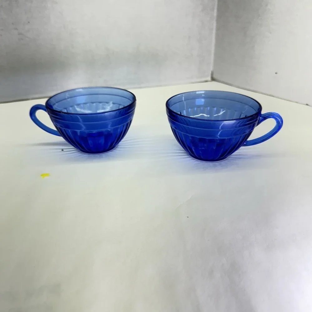 HAZEL-ATLAS Aurora Cobalt Blue Cups Set Of Two‎ Ribs Depression Glass